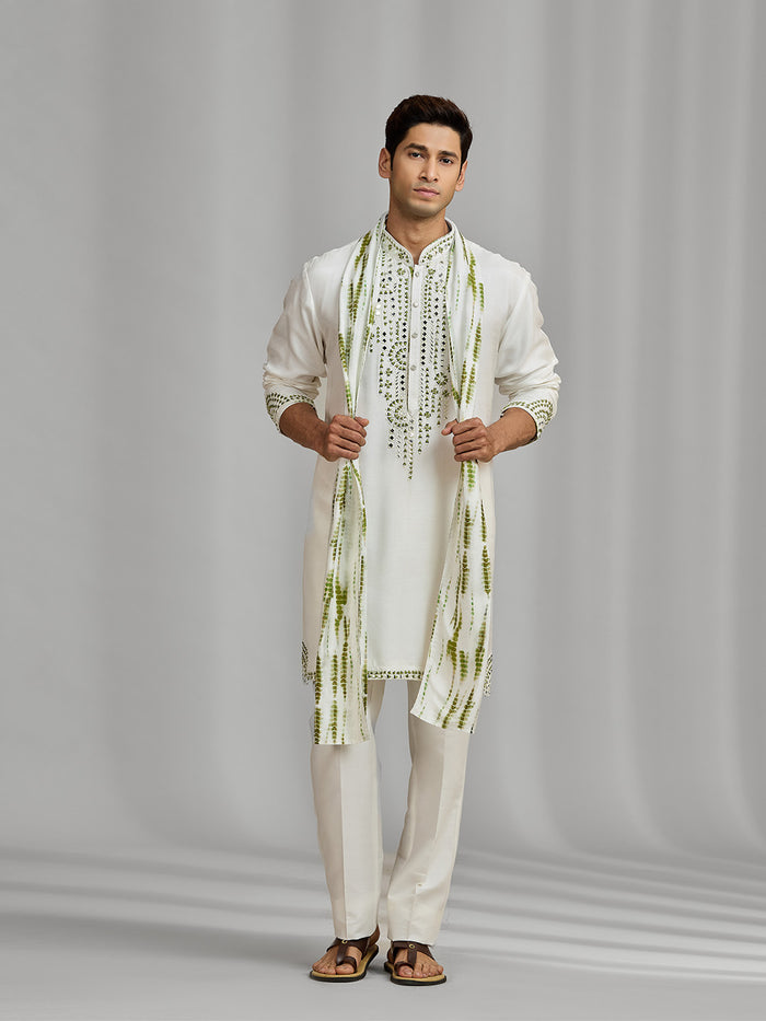 White Silk Mirror-Embellished Kurta Ensemble with White Aligarhi Pant - KORANM