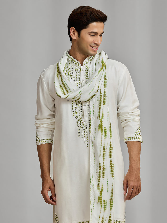 White Silk Mirror-Embellished Kurta Ensemble with White Aligarhi Pant - KORANM