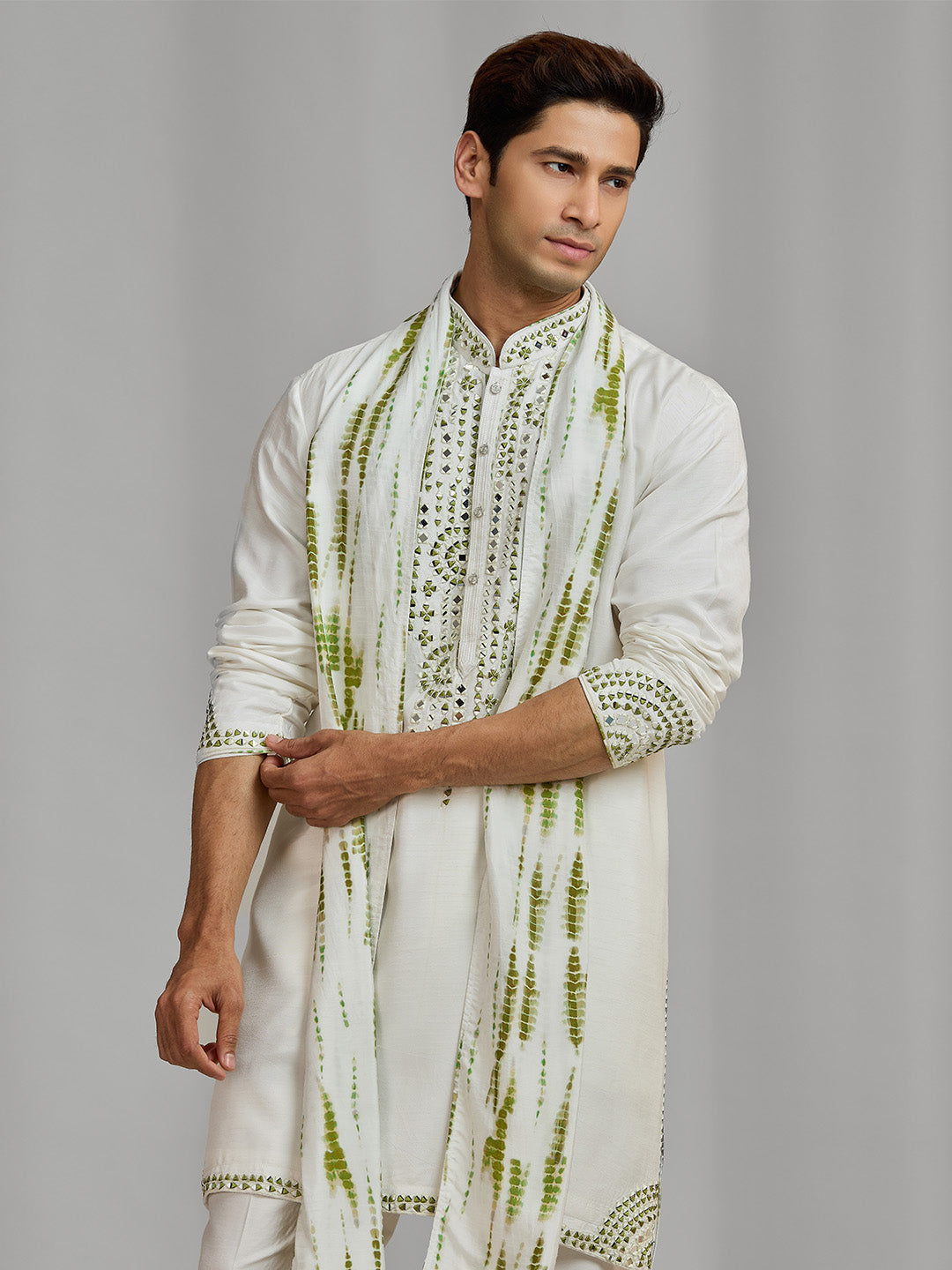 White Silk Mirror-Embellished Kurta Ensemble with White Aligarhi Pant - KORANM