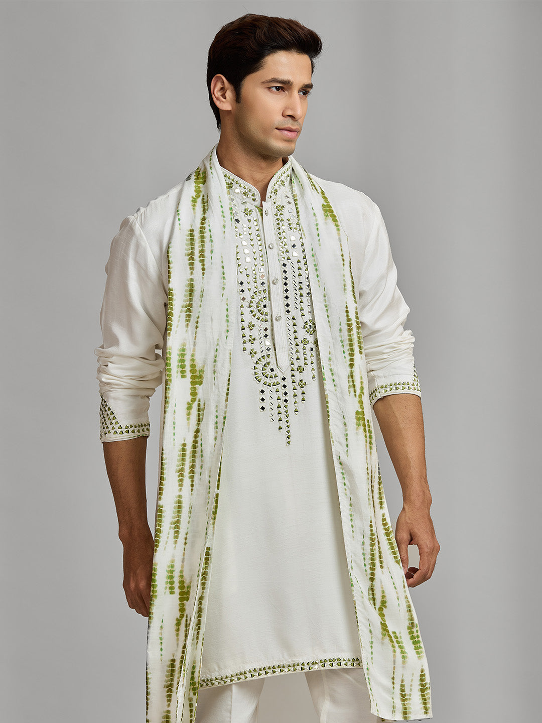 White Silk Mirror-Embellished Kurta Ensemble with White Aligarhi Pant - KORANM