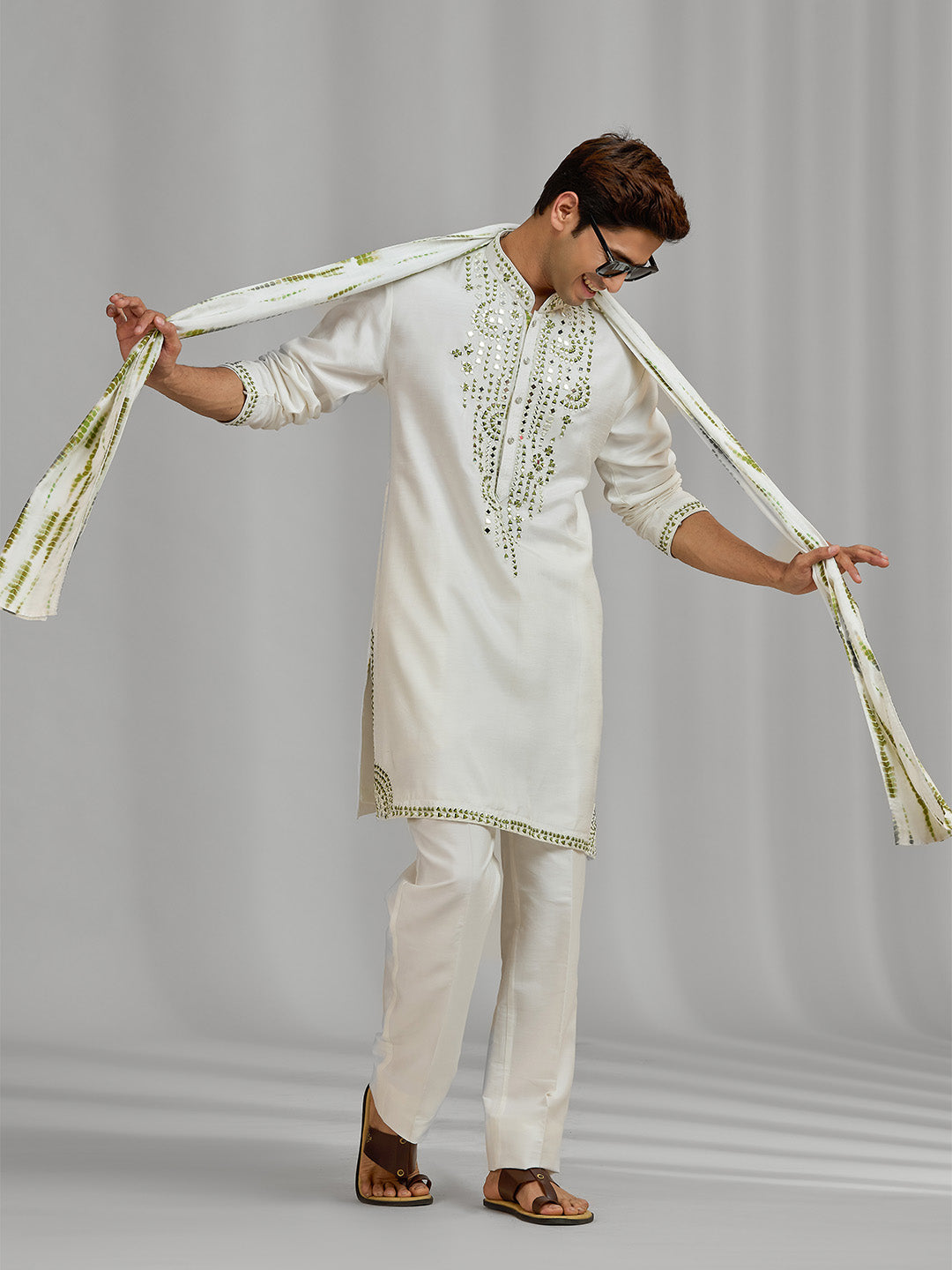 White Silk Mirror-Embellished Kurta Ensemble with White Aligarhi Pant - KORANM