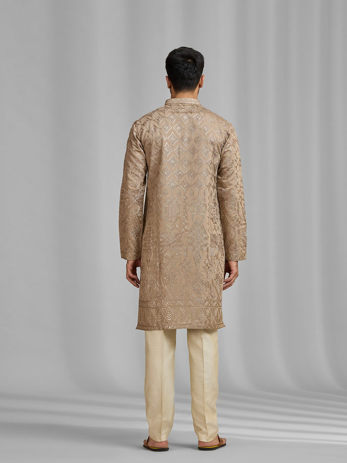 Khaki Embroidered Silk Kurta & Fawn Aligarhi Set - KORANM