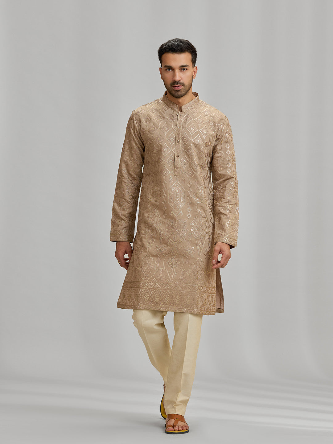 Khaki Embroidered Silk Kurta & Fawn Aligarhi Set - KORANM