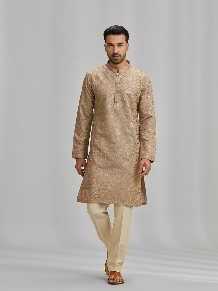 Khaki Embroidered Silk Kurta & Fawn Aligarhi Set - KORANM