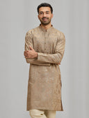 Khaki Embroidered Silk Kurta & Fawn Aligarhi Set