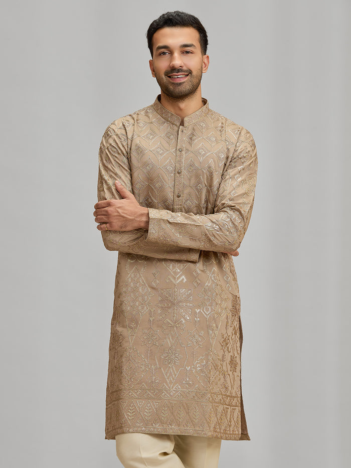 Khaki Embroidered Silk Kurta & Fawn Aligarhi Set - KORANM