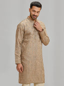 Khaki Embroidered Silk Kurta & Fawn Aligarhi Set