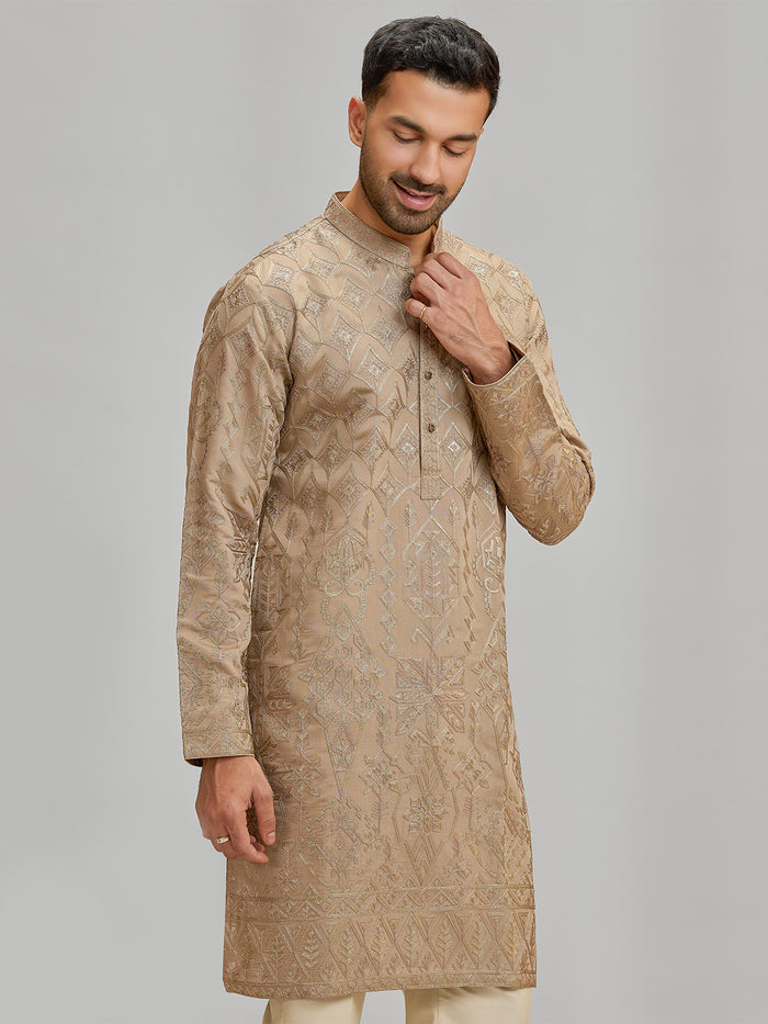 Khaki Embroidered Silk Kurta & Fawn Aligarhi Set - KORANM