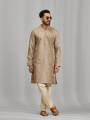 Khaki Embroidered Silk Kurta & Fawn Aligarhi Set