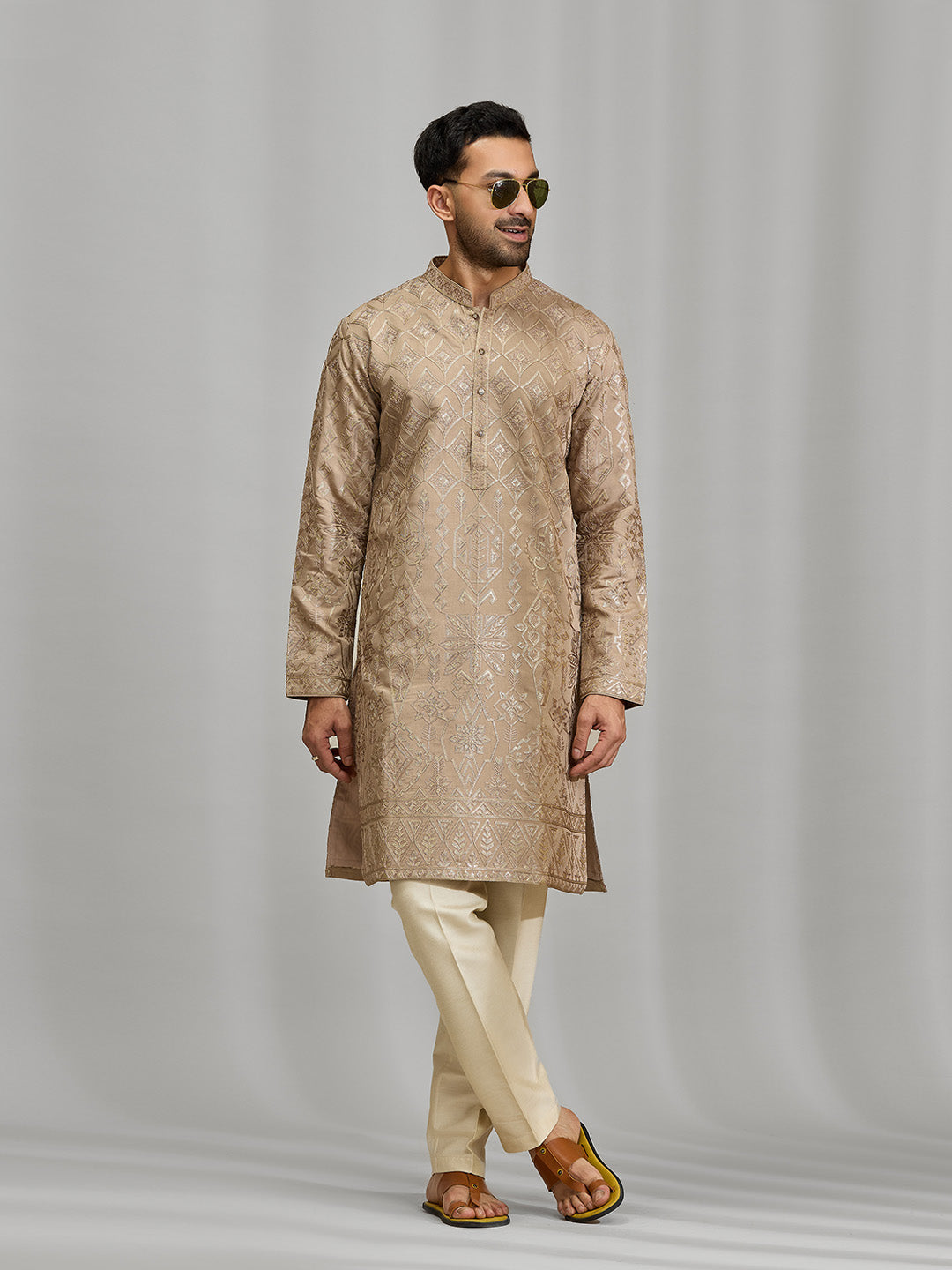 Khaki Embroidered Silk Kurta & Fawn Aligarhi Set - KORANM