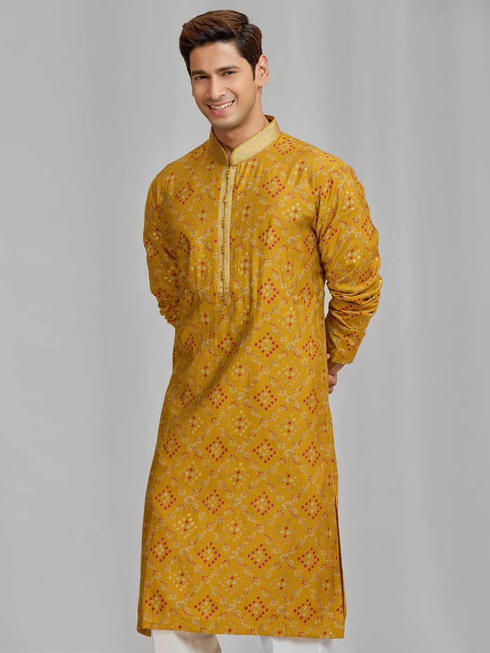 Mustard Silk Printed Artisan Kurta Set - KORANM