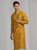 Mustard Bandhani Silk Kurta Set with White Aligarhi for Men
