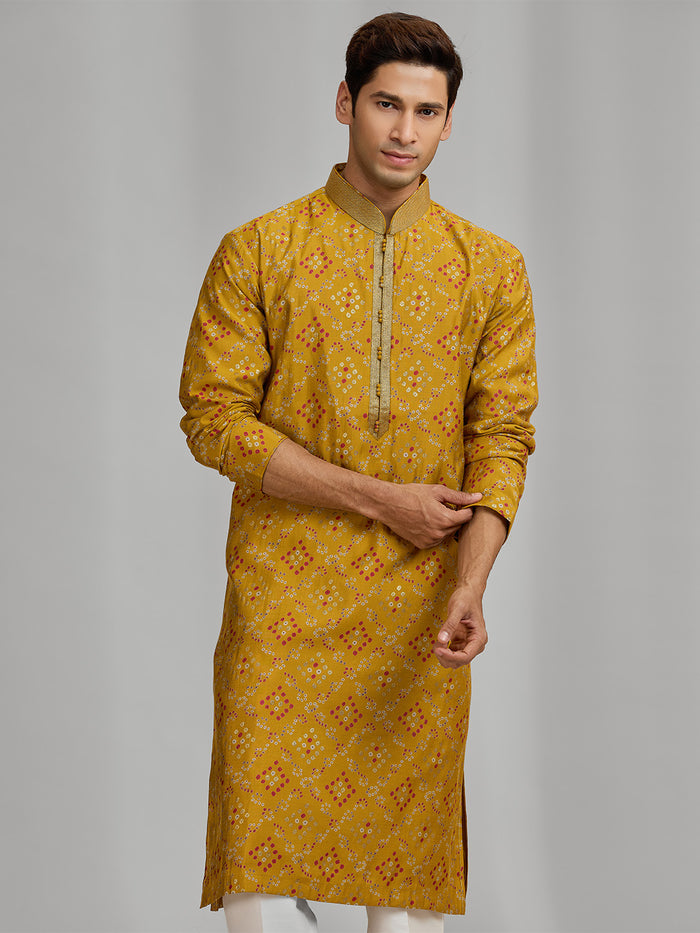 Mustard Silk Printed Artisan Kurta Set - KORANM