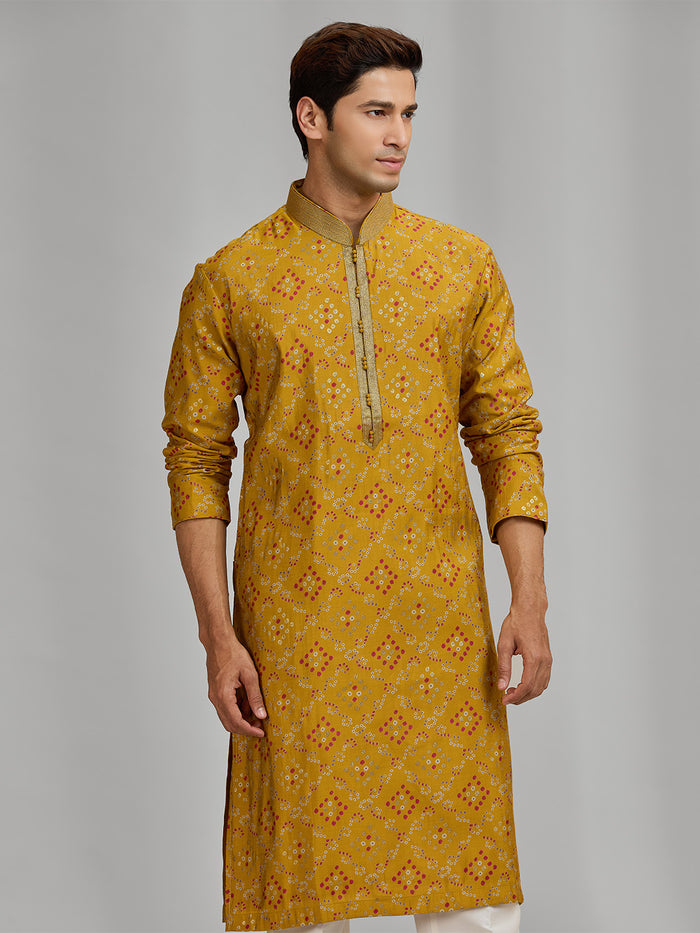Mustard Silk Printed Artisan Kurta Set - KORANM