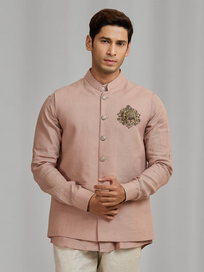 Men’s Dark Peach Linen Bandi Shirt in Regular Fit