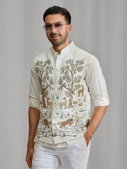 Men’s White Linen Bandi Shirt in Regular Fit