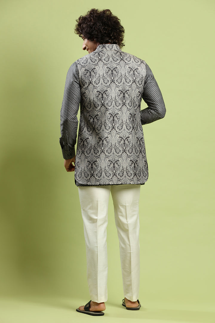 Charcoal Black Kurta With Paisley Print Bandi Jacket Set