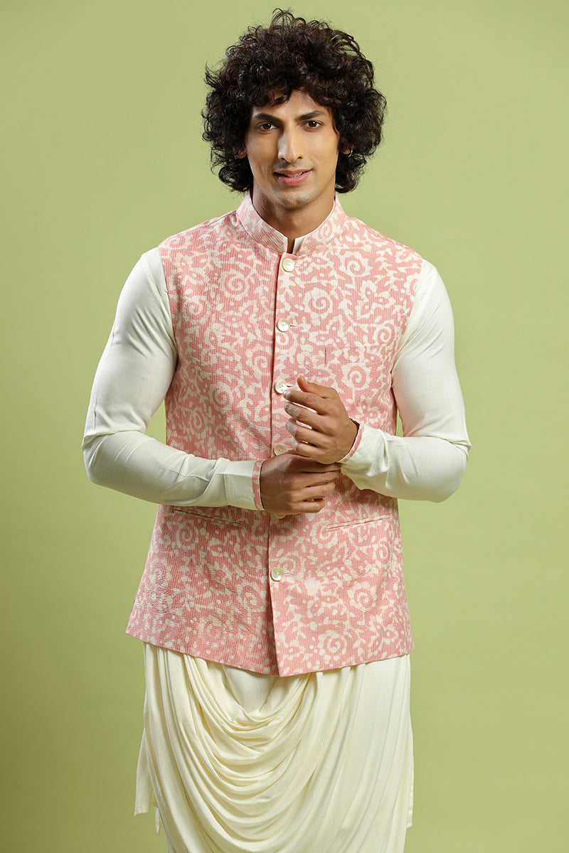 Cream Kurta With Onion Pink Dabu Print Bandi Jacket Set