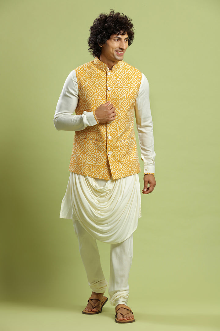 Classic Cream Kurta With Yellow Dabu Print Bandi Jacket Set