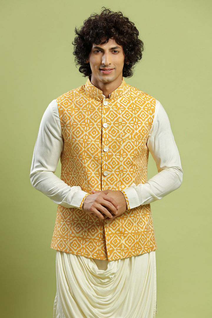 Classic Cream Kurta With Yellow Dabu Print Bandi Jacket Set