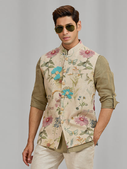 Men’s Olive Linen Bandi Shirt in Regular Fit