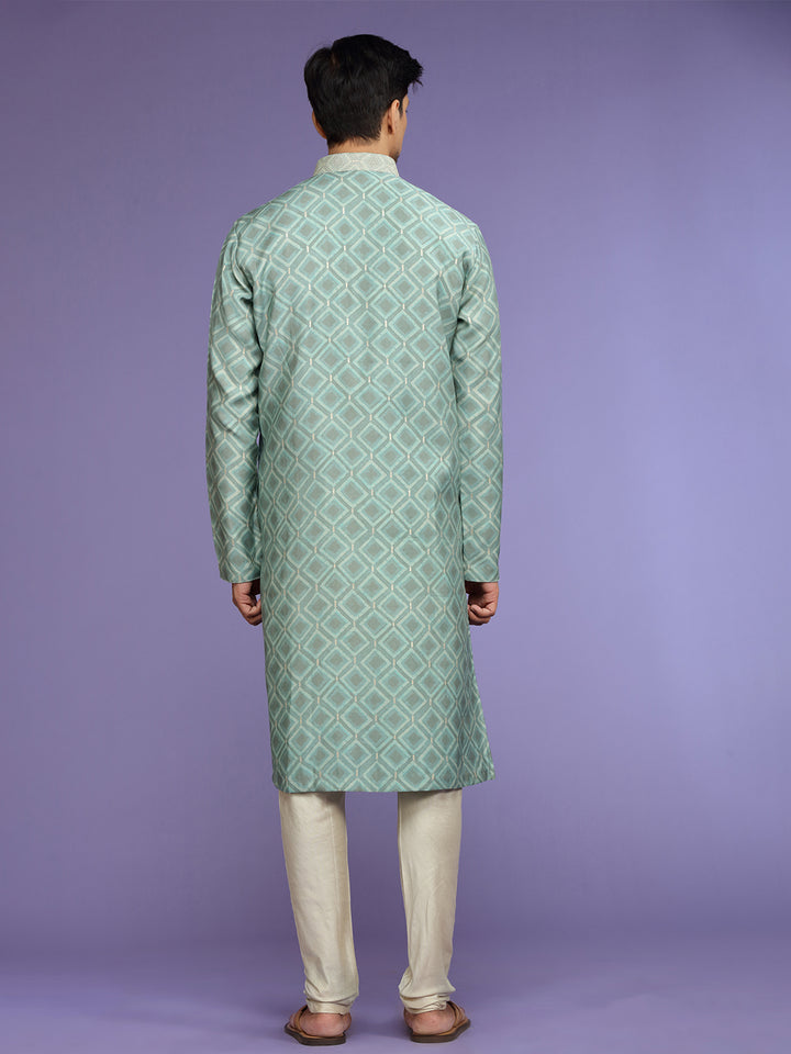 Aqua Green Festive Blended Silk Kurta Churidaar Set For Men
