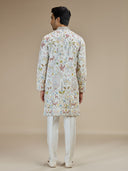 White Silk Resham Floral & Animal Embroidered Kurta with White Aligarhi