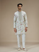 White Silk Resham Floral & Animal Embroidered Kurta with White Aligarhi