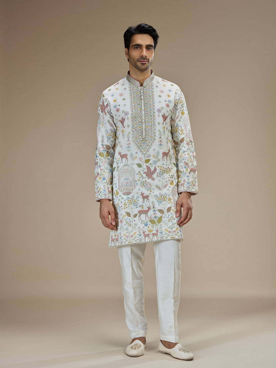 White Silk Resham Floral & Animal Embroidered Kurta with White Aligarhi - KORANM