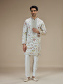 White Silk Resham Floral & Animal Embroidered Kurta with White Aligarhi