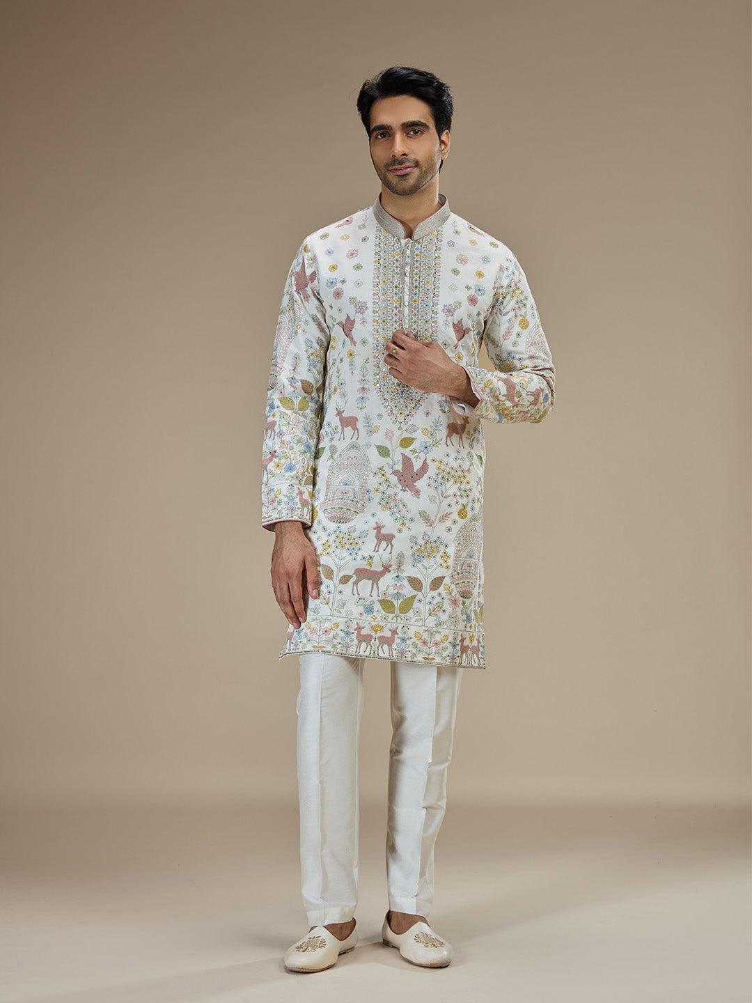 White Silk Resham Floral & Animal Embroidered Kurta with White Aligarhi - KORANM