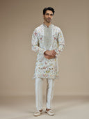 White Silk Resham Floral & Animal Embroidered Kurta with White Aligarhi