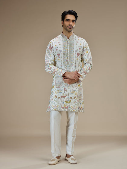 White Silk Resham Floral & Animal Embroidered Kurta with White Aligarhi