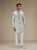 White Silk Resham Floral & Animal Embroidered Kurta with White Aligarhi