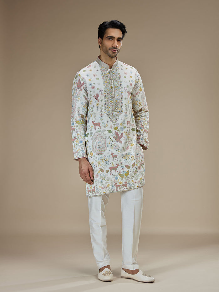 White Silk Resham Floral & Animal Embroidered Kurta with White Aligarhi - KORANM
