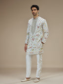 White Silk Resham Floral & Animal Embroidered Kurta with White Aligarhi