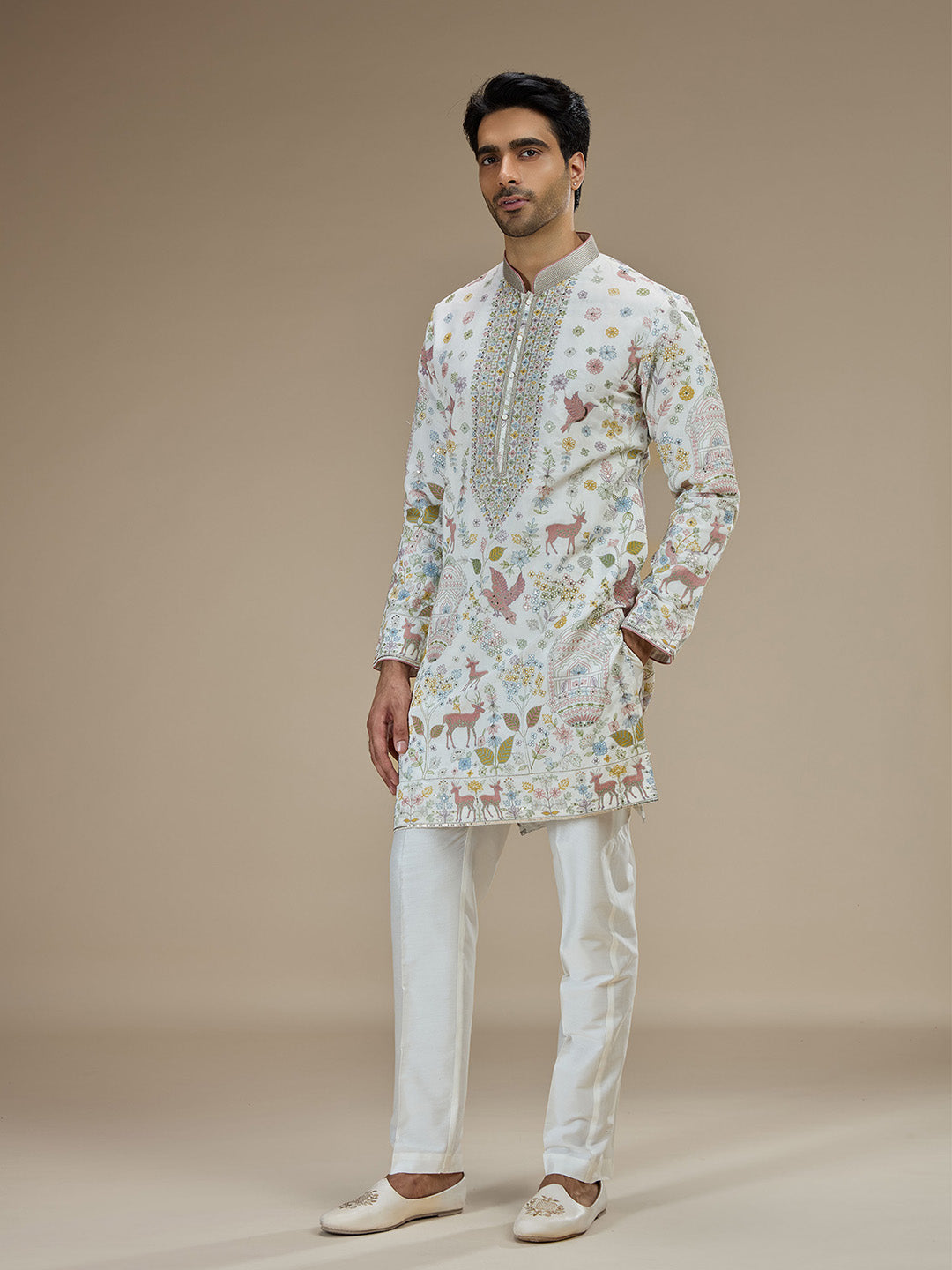 White Silk Resham Floral & Animal Embroidered Kurta with White Aligarhi - KORANM