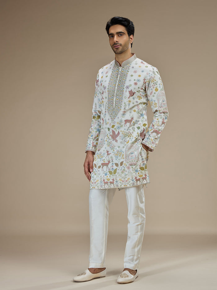 White Silk Resham Floral & Animal Embroidered Kurta with White Aligarhi - KORANM