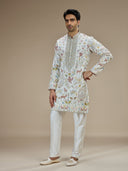 White Silk Resham Floral & Animal Embroidered Kurta with White Aligarhi
