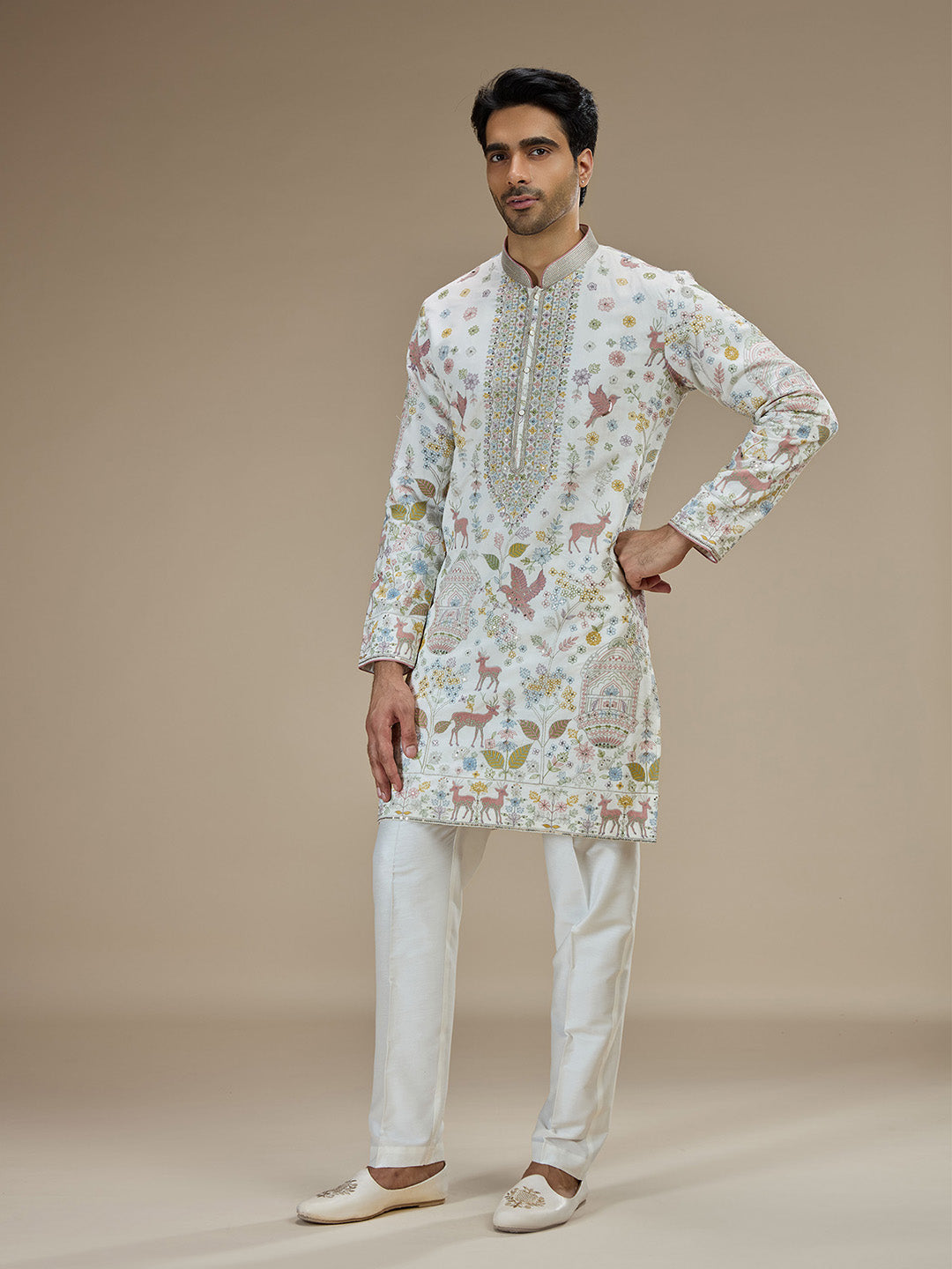 White Silk Resham Floral & Animal Embroidered Kurta with White Aligarhi - KORANM