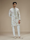 White Silk Resham Floral & Animal Embroidered Kurta with White Aligarhi