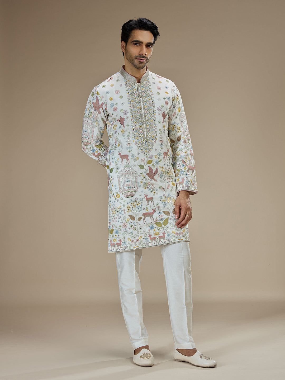 White Silk Resham Floral & Animal Embroidered Kurta with White Aligarhi - KORANM