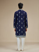 Navy Silk Resham Floral & Bird Embroidered Kurta with White Aligarhi
