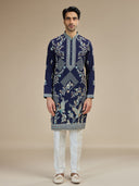 Navy Silk Resham Floral & Bird Embroidered Kurta with White Aligarhi