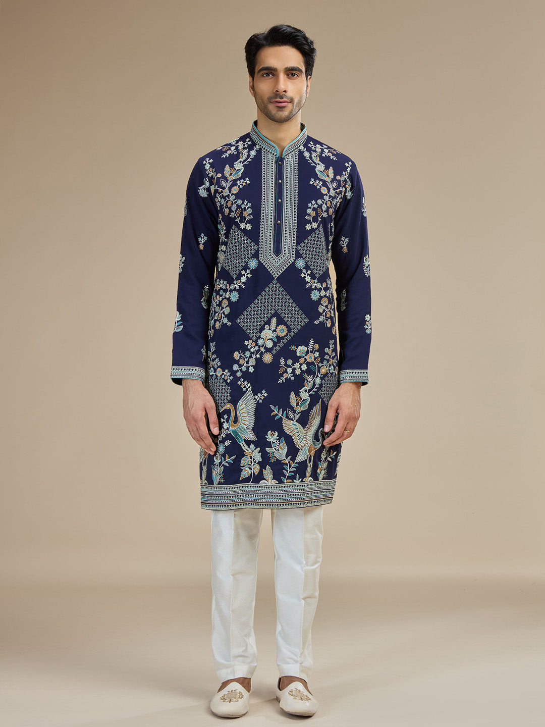 Navy Silk Resham Floral & Bird Embroidered Kurta with White Aligarhi - KORANM
