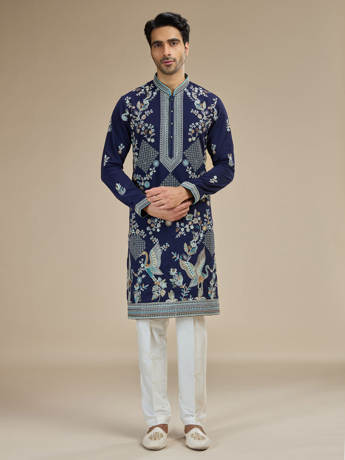 Navy Silk Resham Floral & Bird Embroidered Kurta with White Aligarhi - KORANM
