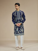 Navy Silk Resham Floral & Bird Embroidered Kurta with White Aligarhi