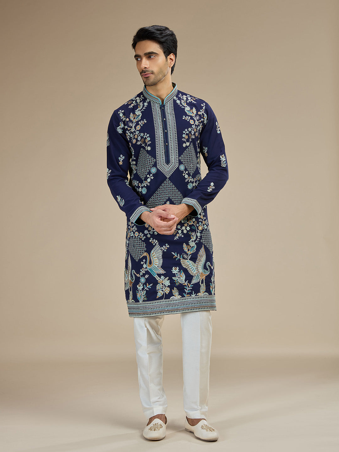 Navy Silk Resham Floral & Bird Embroidered Kurta with White Aligarhi - KORANM