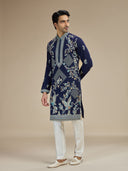 Navy Silk Resham Floral & Bird Embroidered Kurta with White Aligarhi
