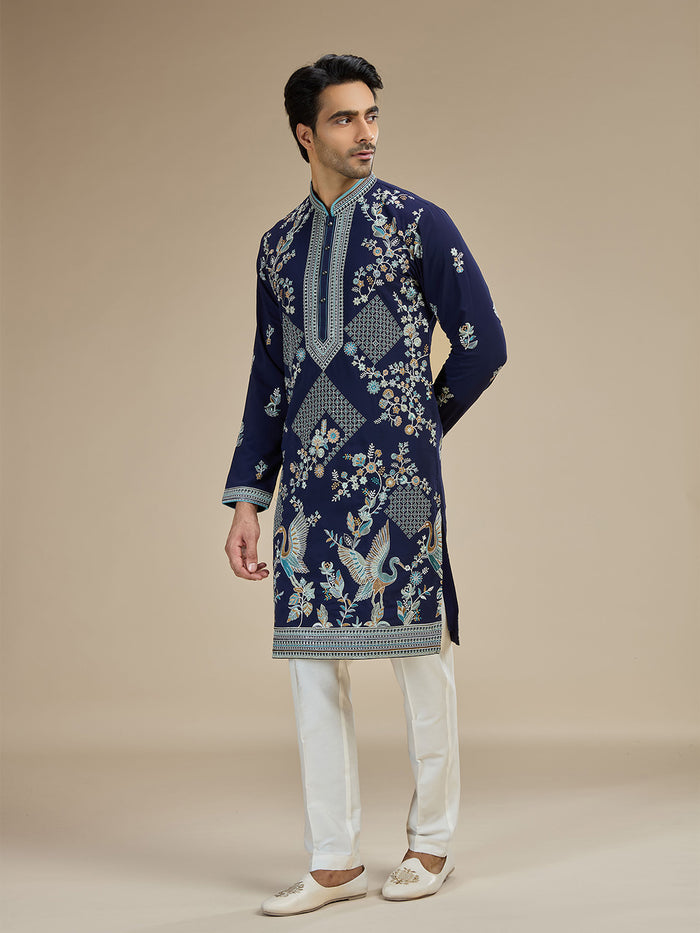 Navy Silk Resham Floral & Bird Embroidered Kurta with White Aligarhi - KORANM